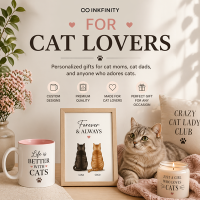 For Cat Lovers collection by Inkfinity featuring personalized cat gifts, custom mugs, and cat-themed wall art