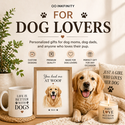 For Dog Lovers collection by Inkfinity featuring personalized dog gifts, custom mugs, and dog-themed wall art
