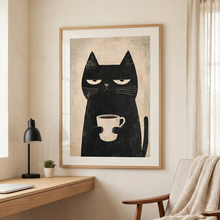 Grumpy Cat Coffee Poster, Minimalist Black Art, Funny Lover Print, Cozy Decor