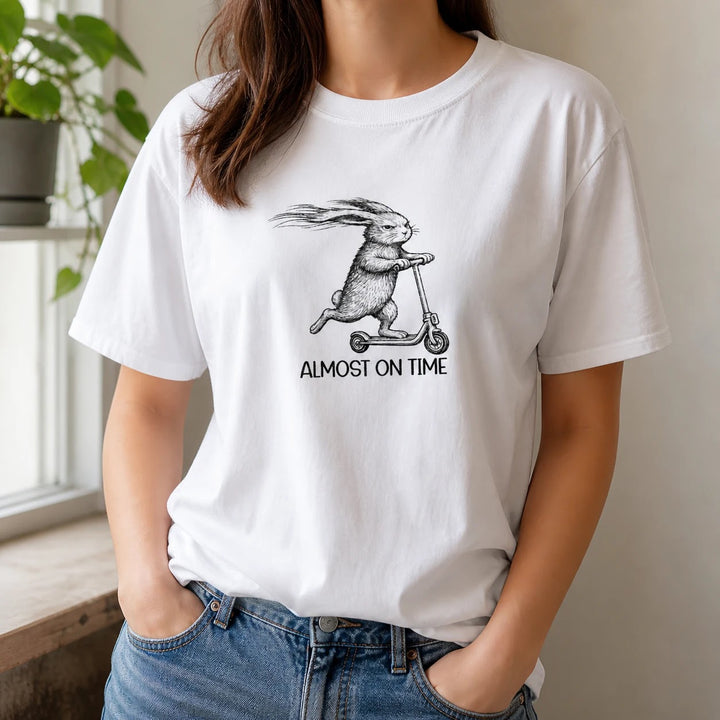 Almost on Time Rabbit Scooter T-Shirt - Funny Gift for Busy Parents & Coworkers