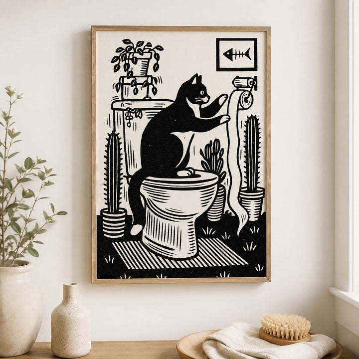 Tuxedo Cat Toilet Print – Funny Bathroom Wall Art for Cat Lovers
