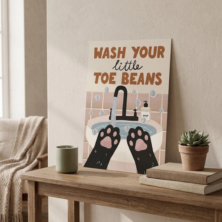 Wash Your Little Toe Beans Poster - Cute Cat Bathroom Decor, Funny Pet Wall Art
