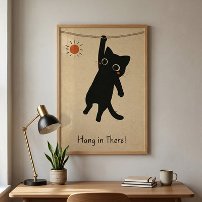 Hang in There Black Cat Poster - Funny Motivational Wall Art for Cat Lovers