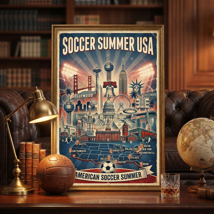 Retro Americana Soccer Summer Wall Art - 11 US Cities Skyline Vintage Poster