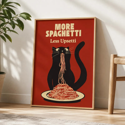 Hungry Cat Spaghetti Print, Humorous Poster, Funny Wall Art for Kitchen