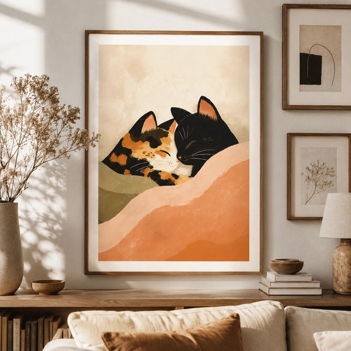 Cat Couple Hug Poster – Calico & Black Cat Romantic Bed Wall Art