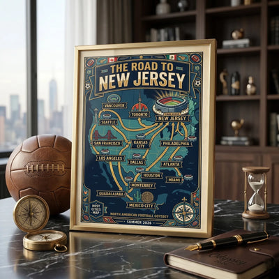 Luxury framed "The Road to New Jersey" 2026 soccer roadmap map poster with unique decor on a marble surface