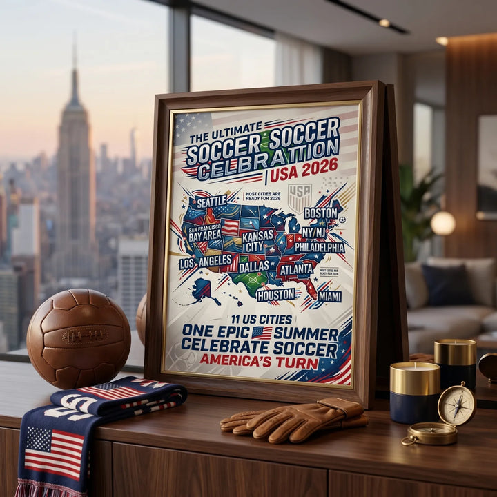 Modern 2026 soccer tournament host cities map wall art for US fans