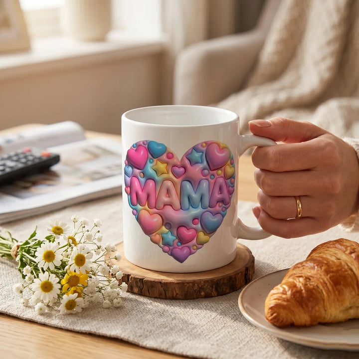 Aesthetic puffy heart mom ceramic cup lifestyle view