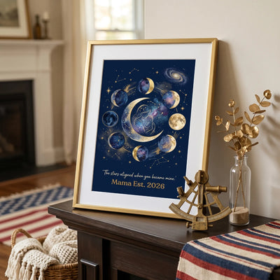 Mama Est 2026 celestial print on a rustic wooden mantel with a compass