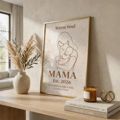 Warm Minimalism Mother and Child Line Art Poster on Satin Paper, Mama Est 2026 artwork.