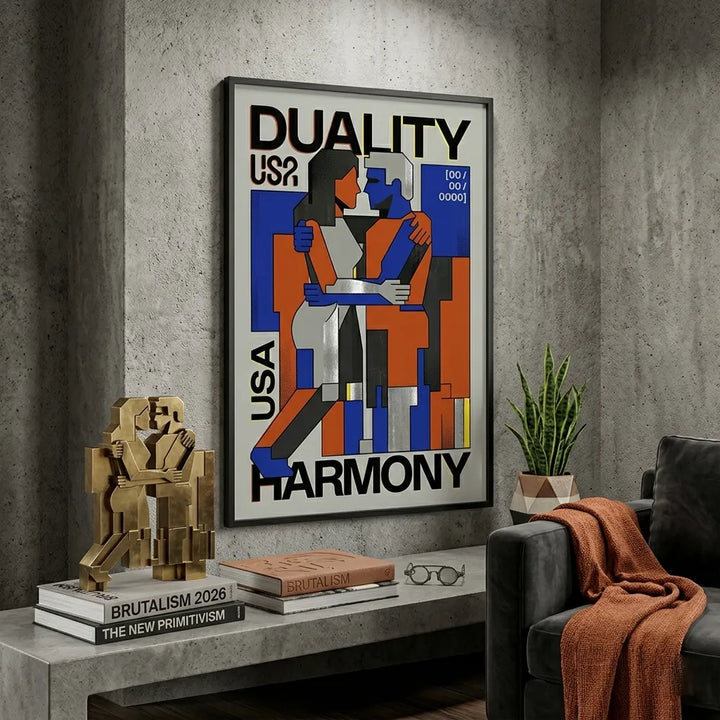 Sophisticated abstract geometric poster of a couple, "Duality Harmony" on textured concrete wall in a luxury US living room corner