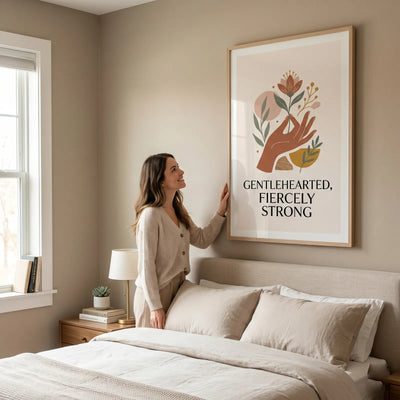 Authentic lifestyle view of a 24x36 inch Mother's Day poster hanging in a neutral-toned modern master bedroom.