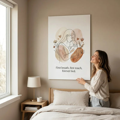 Modern minimalist 24x36 poster hanging in a neutral tone bedroom