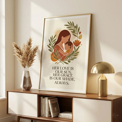 Unique warm minimalist art print for mothers featuring an abstract mother and child illustration