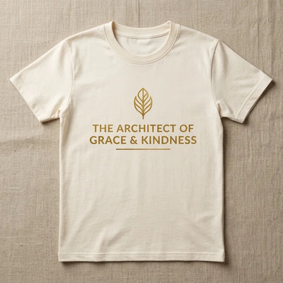 Flat-lay close-up of durable 5.3 oz cotton t-shirt with gold screen print on linen