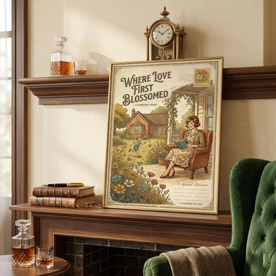 Sentimental retro postcard wall art for mom featuring floral garden illustration