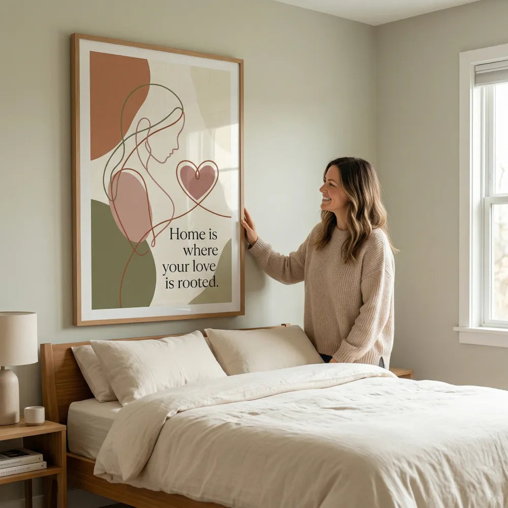 Authentic family photo of a smiling mother (mid-30s, neutral sweater) looking at a large (approximately 24x36 inches) framed version of the 'Warm Minimalism' Mother's Day poster from image_0.png, with line art and unique quote 'Home is where your love is rooted.' hanging on a light sage wall above a king bed with linen. Mother's hand gently rests on the wooden frame
