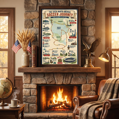 2026 North America Soccer Journey Poster - Premium Satin Host City Map Wall Art (Printed in USA)