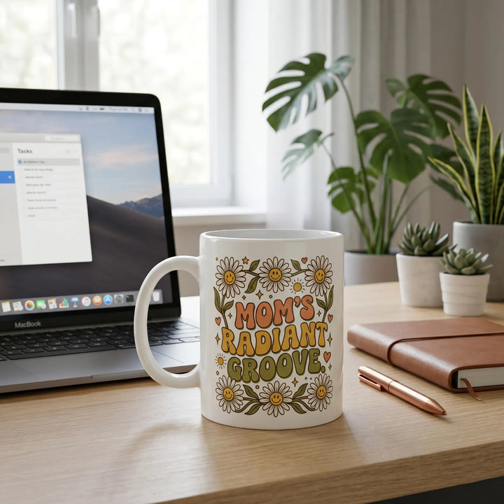 Mom's radiant groove mug on a modern desk with laptop
