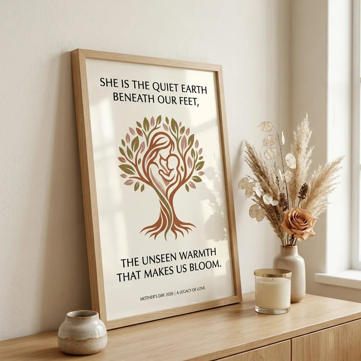 "Warm minimalism Mother's Day art print titled The Rooted Matriarch in a wooden frame on a modern sideboard."