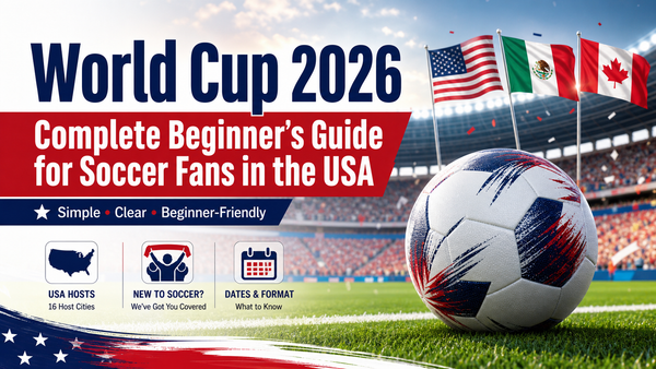 World Cup 2026 beginner’s guide banner for USA soccer fans, featuring a soccer ball on a stadium field with USA, Mexico, and Canada flags.