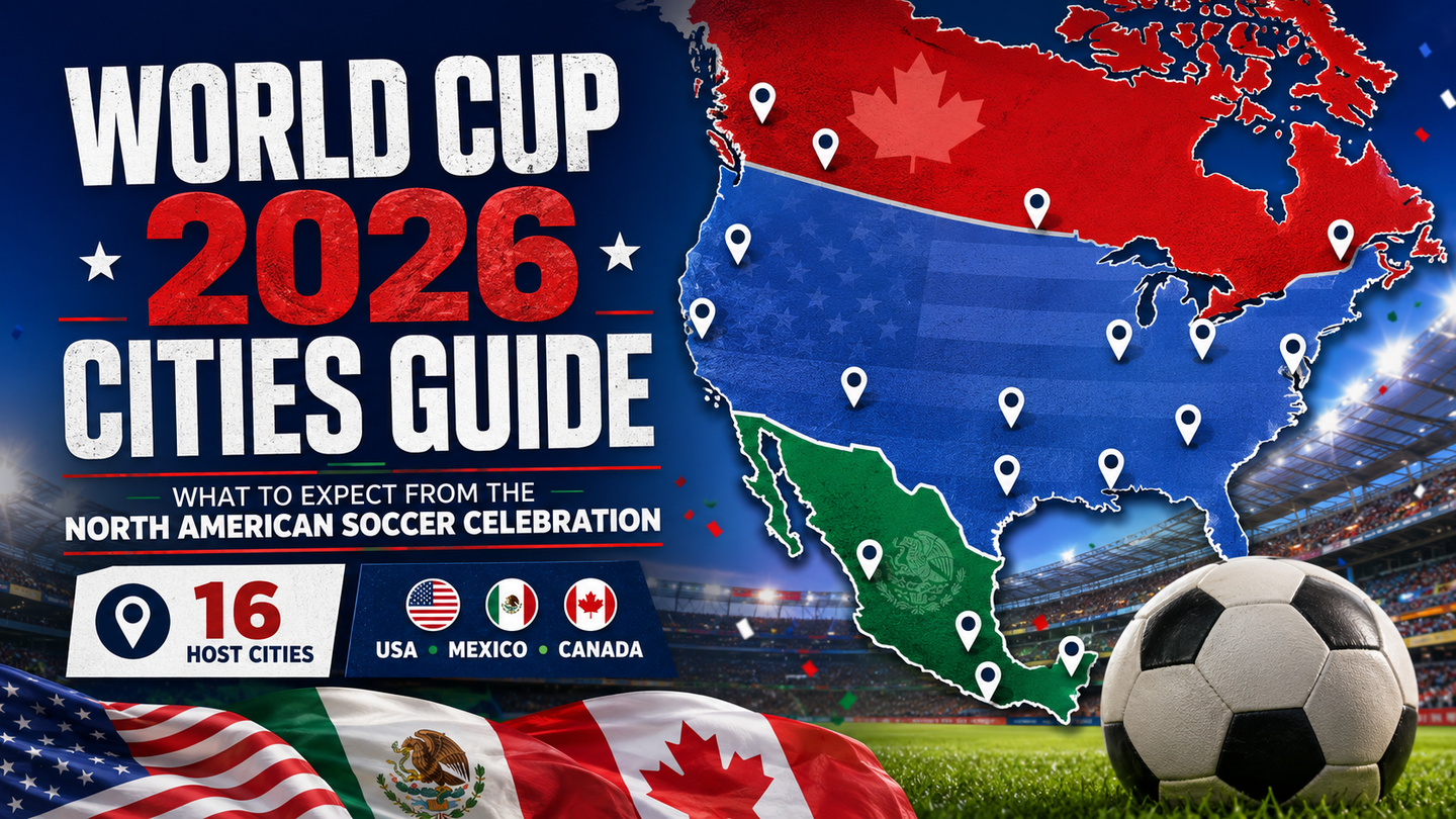 World Cup 2026 cities guide showing a soccer stadium with USA, Mexico, and Canada host city theme.