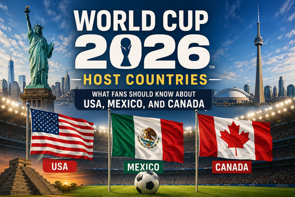 World Cup 2026 host countries guide featuring USA, Mexico, and Canada flags with a soccer stadium background.