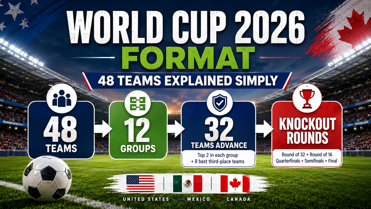 World Cup 2026 format guide showing 48 teams, group stage, and knockout rounds in a soccer stadium theme.