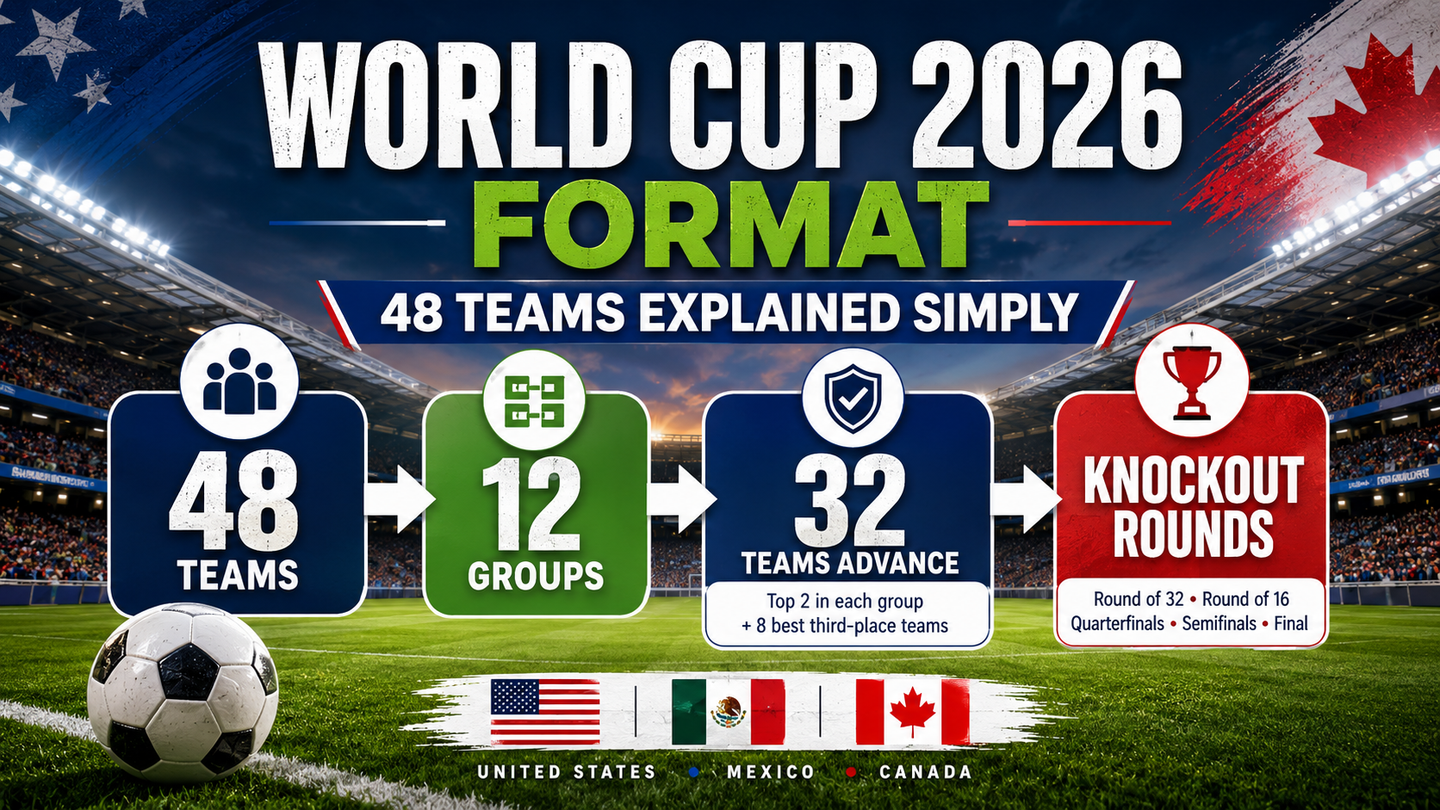 World Cup 2026 format guide showing 48 teams, group stage, and knockout rounds in a soccer stadium theme.