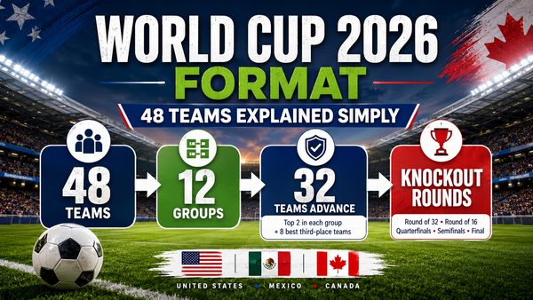 World Cup 2026 format guide showing 48 teams, group stage, and knockout rounds in a soccer stadium theme.