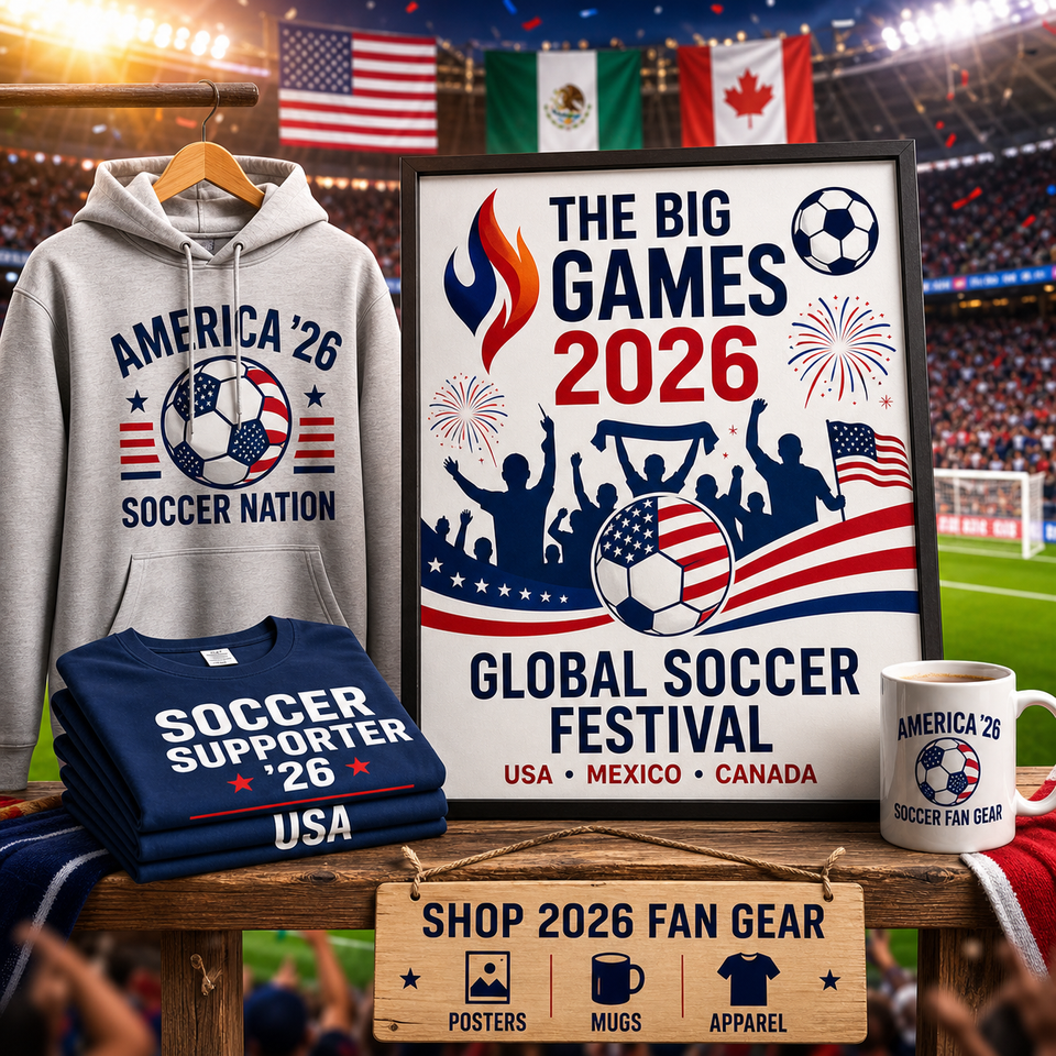 2026 global soccer fan gear collection with apparel, mug, poster, and supporter-themed designs for international football fans