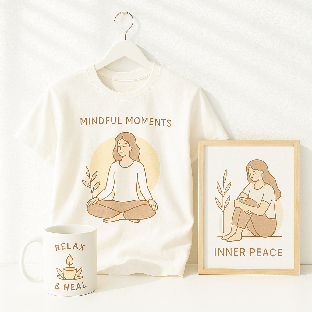 Minimalist hoodie and mug with healing inspired design in calm pastel tones
