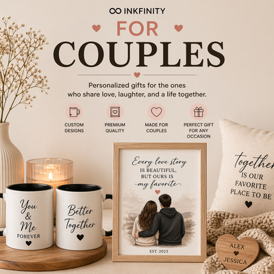 For Couples collection by Inkfinity featuring personalized gifts, custom mugs, and romantic wall art