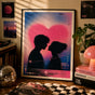 Minimalist Y2K aesthetic poster featuring a couple silhouette and a pink grainy heart background