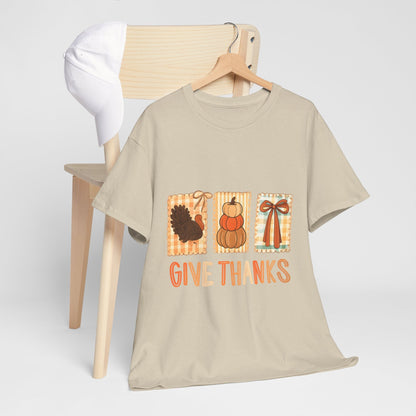 Comfort Colors Give Thanks Shirt, Coquette Thanksgiving Tee, Thankful Fall Shirt, Cute Pumpkin Gift Top  Front view