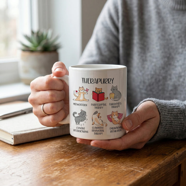 Therapy Funny Cat Mug - Therapist Cat Lover Gift with Therapurry Pun