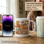 Size guide for 11oz white ceramic mug compared to iPhone