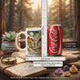 Product specification chart showing 11oz mug dimensions (9.06 inches by 3.82 inches) compared to a standard soda can.
