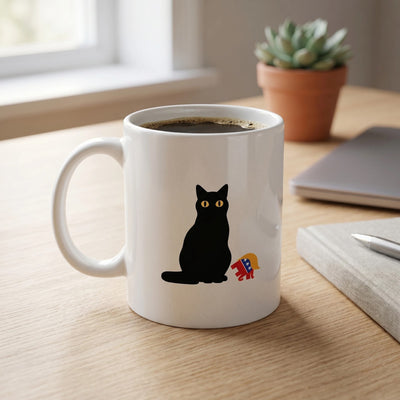 Black Cat Mug with Flag Accent - Minimalist Cat Lover Coffee Cup Gift