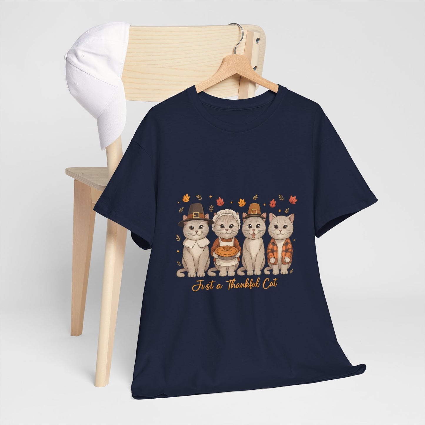 Thanksgiving Shirt, Just a Thankful Cat T-Shirt, Fall Animal Graphic Tee, Autumn Outfit Gift  Front view