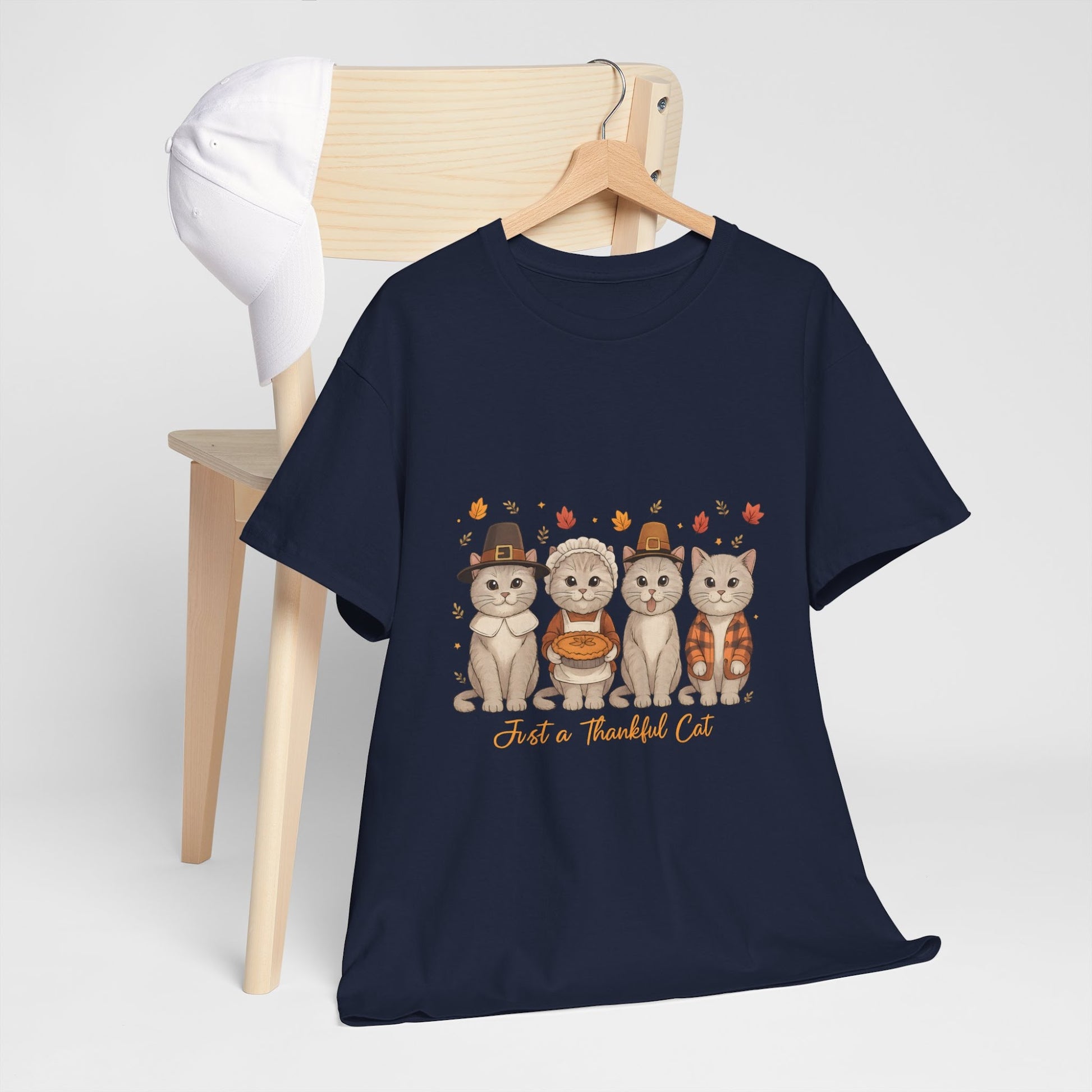 Thanksgiving Shirt, Just a Thankful Cat T-Shirt, Fall Animal Graphic Tee, Autumn Outfit Gift  Front view