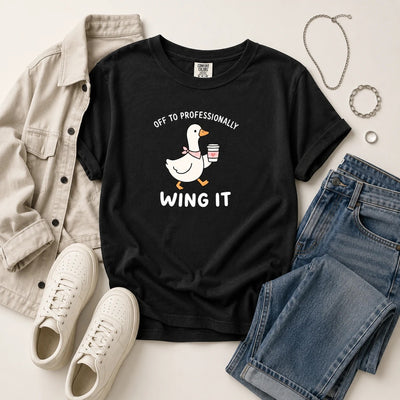 Off to Professionally Wing It Shirt - Funny Goose Coffee Work Humor Tee