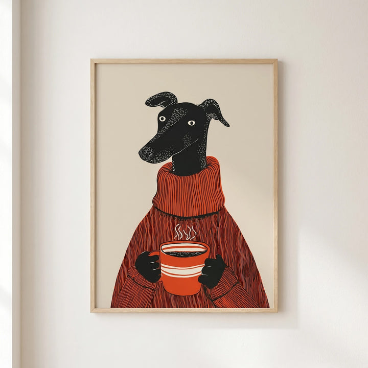 Dog Coffee Poster – Whippet Greyhound Wall Art in Cozy Turtleneck, Kitchen Coffee Bar Print
