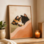 Cat Couple Hug Poster – Calico & Black Cat Romantic Bed Wall Art