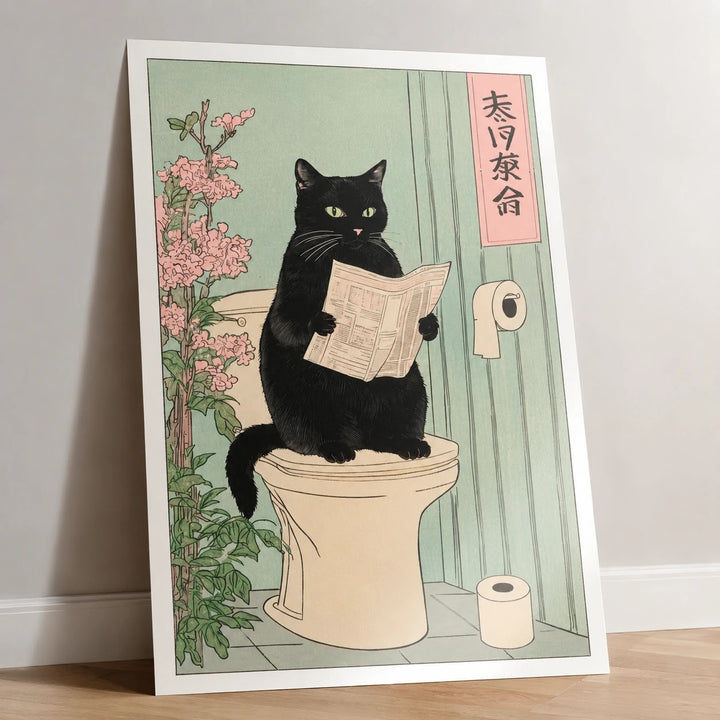 Japanese Black Cat on Toilet Poster - Funny Bathroom Wall Art Print