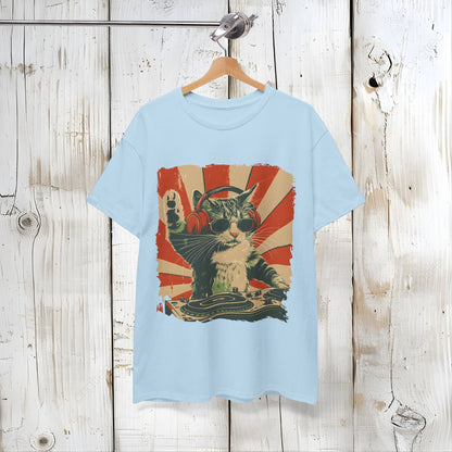 Vintage DJ Cat Tee, Unisex Heavy Cotton Tee, Cool Cat Shirt, Pet Lover Gift, Fun Music T-Shirt, Cat DJ Design, Retro Style Clothing Back view