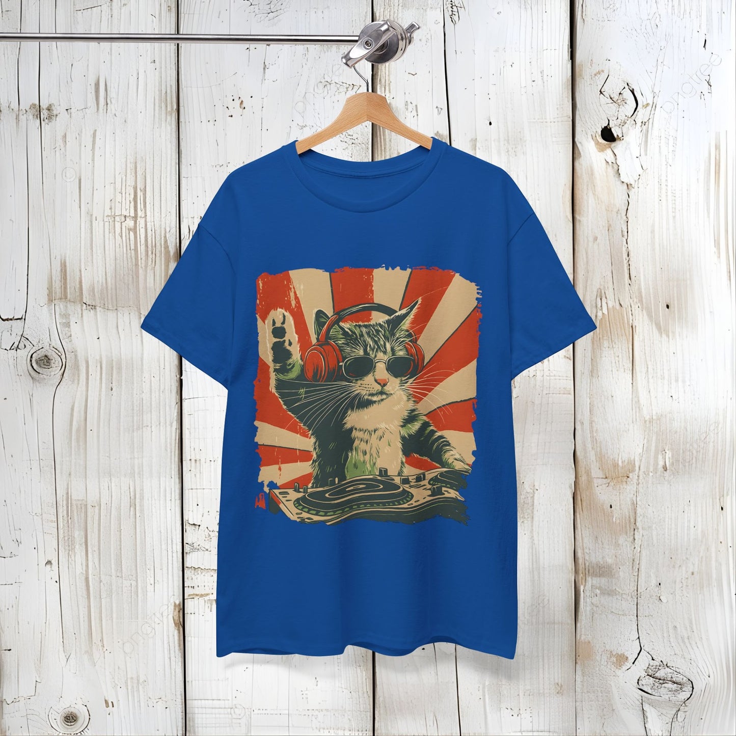 Vintage DJ Cat Tee, Unisex Heavy Cotton Tee, Cool Cat Shirt, Pet Lover Gift, Fun Music T-Shirt, Cat DJ Design, Retro Style Clothing Front view