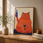 Cat with Wine Art Print: Retro Bar Cart Decor