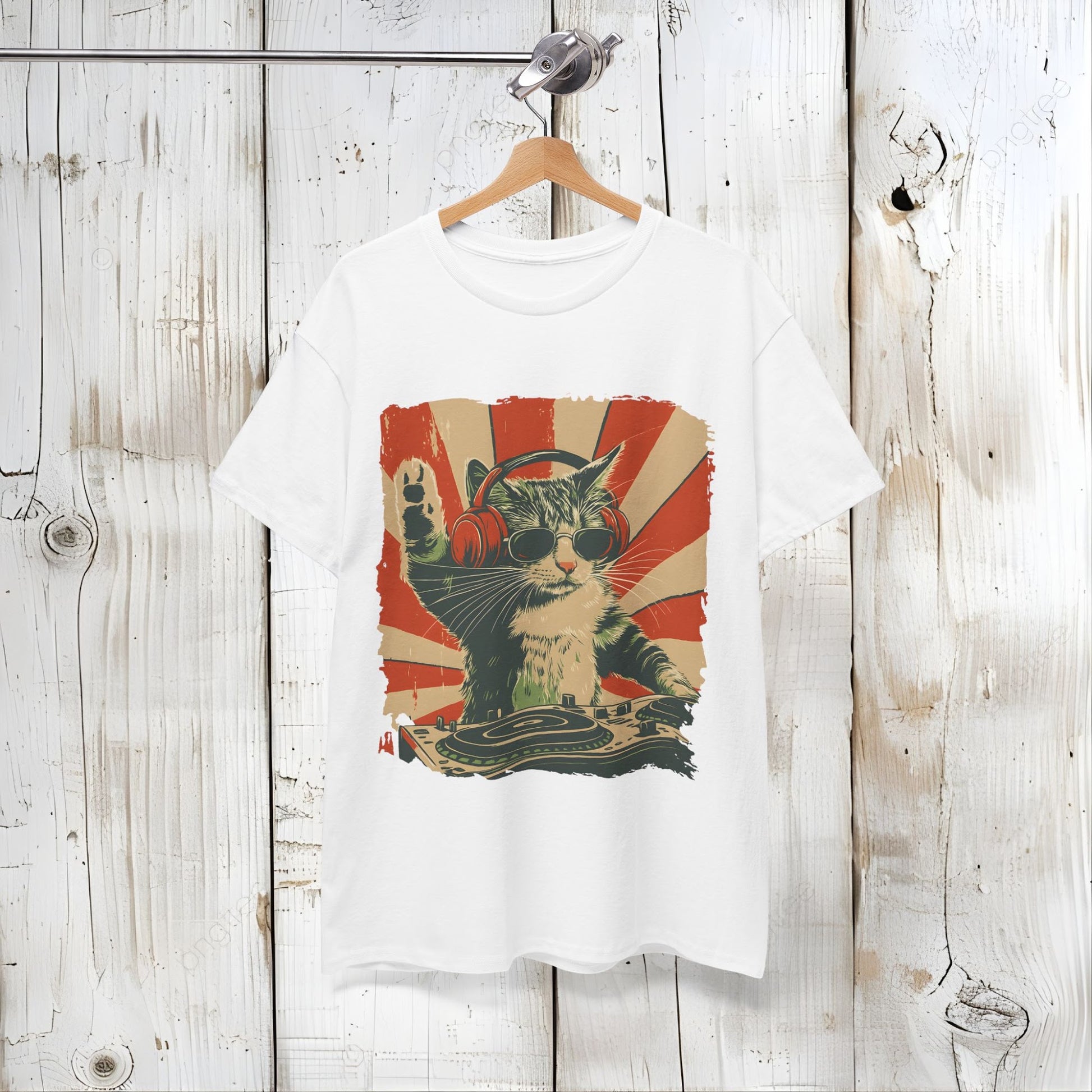 Vintage DJ Cat Tee, Unisex Heavy Cotton Tee, Cool Cat Shirt, Pet Lover Gift, Fun Music T-Shirt, Cat DJ Design, Retro Style Clothing Front view